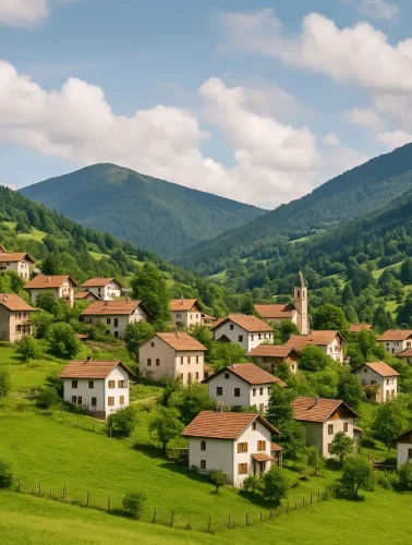 Ορεινό ελληνικό χωριό με σπίτια και εκκλησία μέσα σε καταπράσινη κοιλάδα.