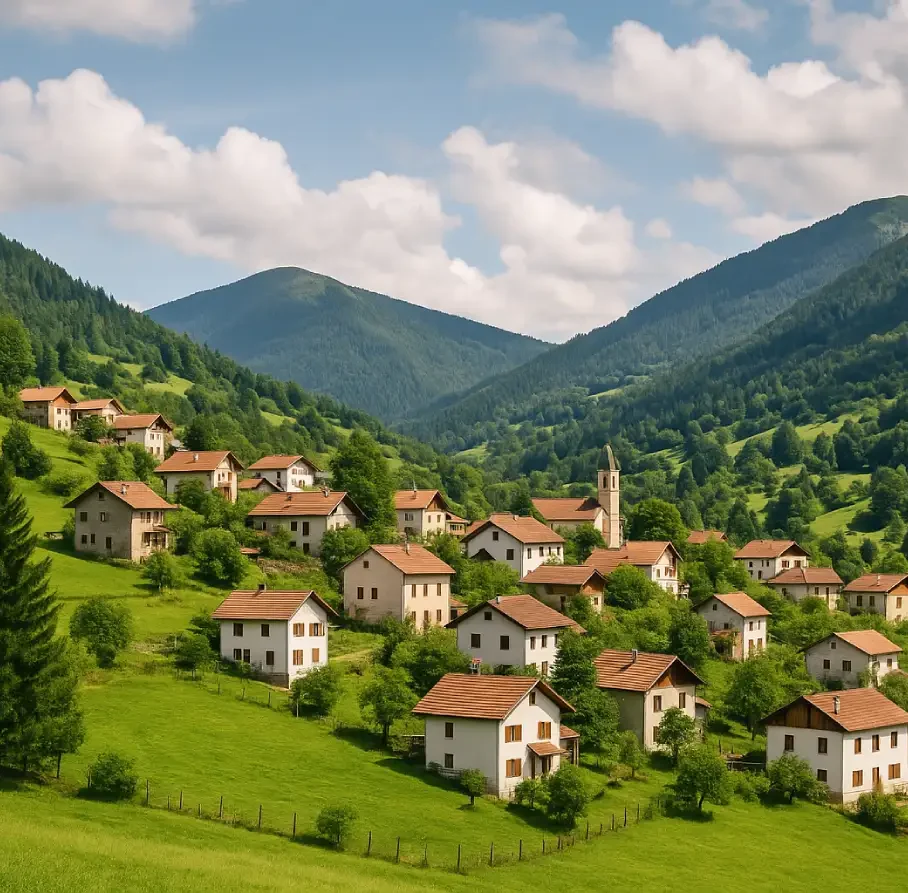 Ορεινό ελληνικό χωριό με σπίτια και εκκλησία μέσα σε καταπράσινη κοιλάδα.