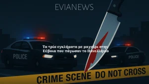 Νυχτερινή γραφιστική εικόνα εγκλήματος στη Χαλκίδα, με περιπολικά, μαχαίρι και κορδέλα crime scene